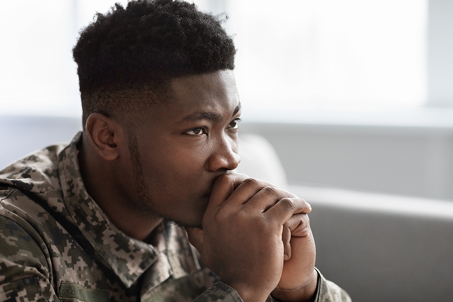 Thoughtful Military Black Man Staring At Copy Space, Side View Veteran Mental Health